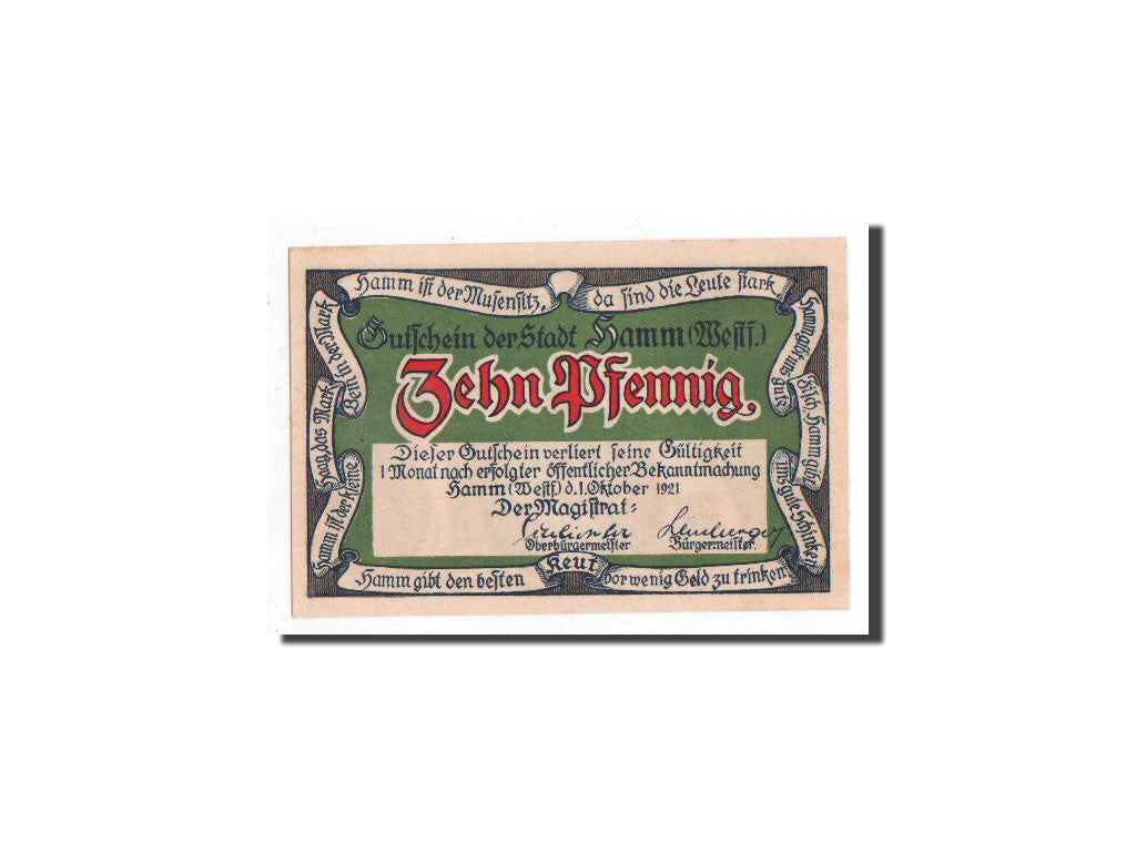 Banknote, Germany, Hamm, 10 Pfennig, vert, 1921, 1921-10-01, UNC(65-70)