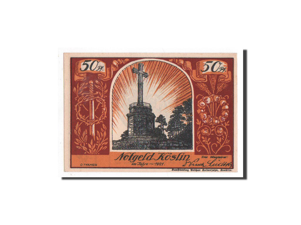 Banknote, Germany, köslin, 50 Pfennig, Monument, 1921, Undated, UNC(65-70)