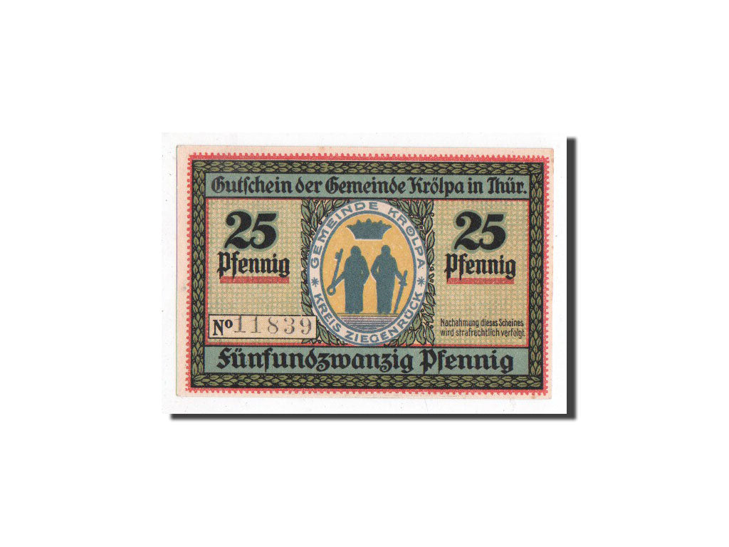 Billete, Alemania, Krölpa in Thür., 25 Pfennig, château, 1921, 1921-07-31