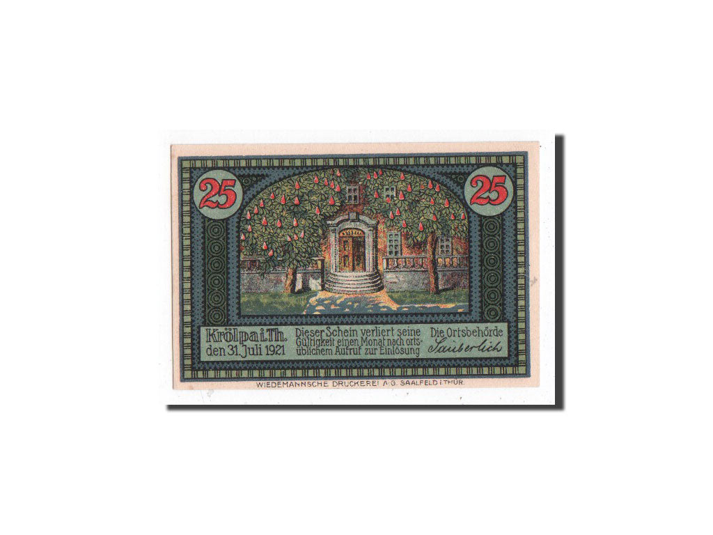 Billete, Alemania, Krölpa in Thür., 25 Pfennig, château, 1921, 1921-07-31