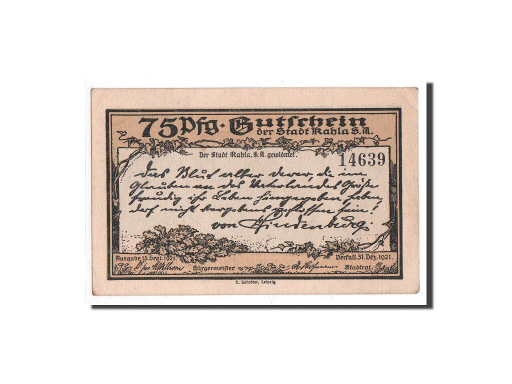 Banknote, Germany, Kahla, 75 Pfennig, château, 1921, 1921-09-15, UNC(65-70)