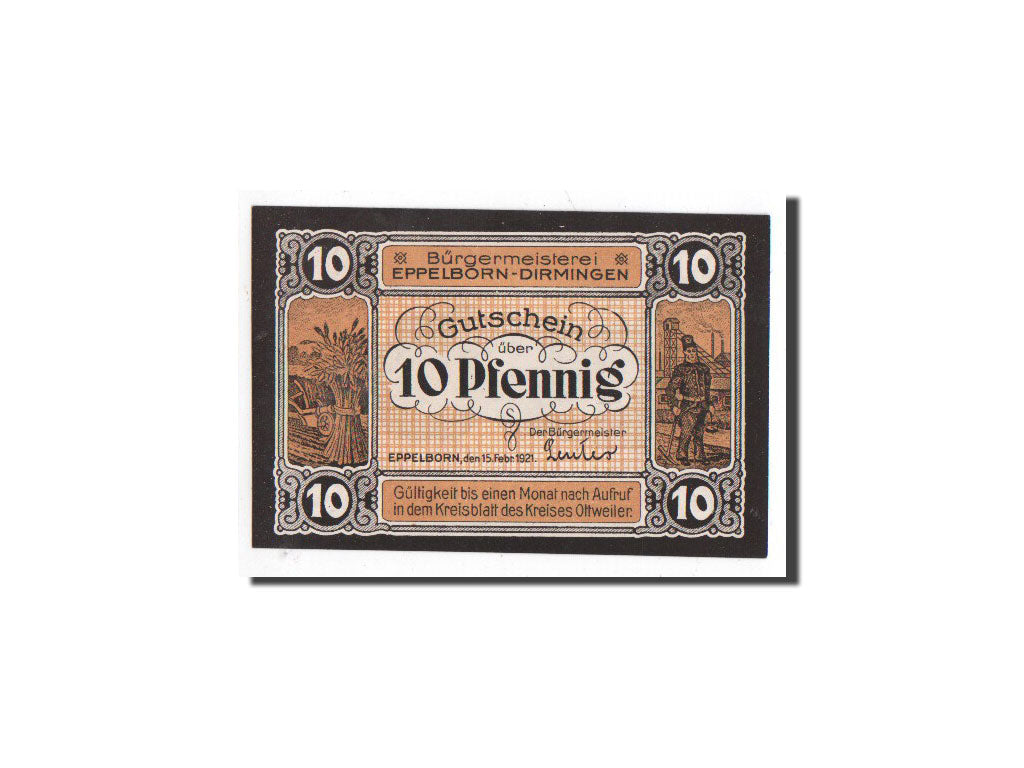 Banknote, Germany, Eppelborn - Dimingen, 10 Pfennig, personnage, 1921