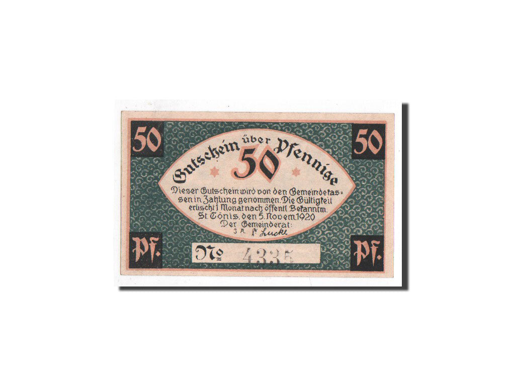Banknote, Germany, St Tönis, 50 Pfennig, métier, 1920, 1920-11-05, UNC(65-70)