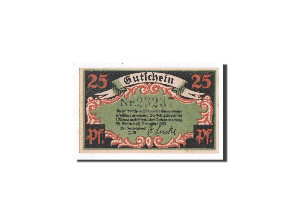 Banknote, Germany, St Tönis, 25 Pfennig, personnage, 1920, 1920-11-05