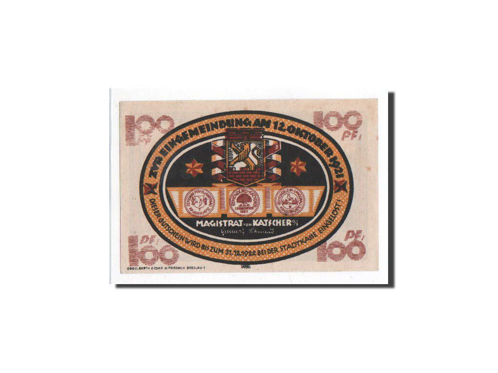 Banknote, Germany, Katscher, 100 Pfennig, métier, 1921, 1921-10-12, UNC(65-70)