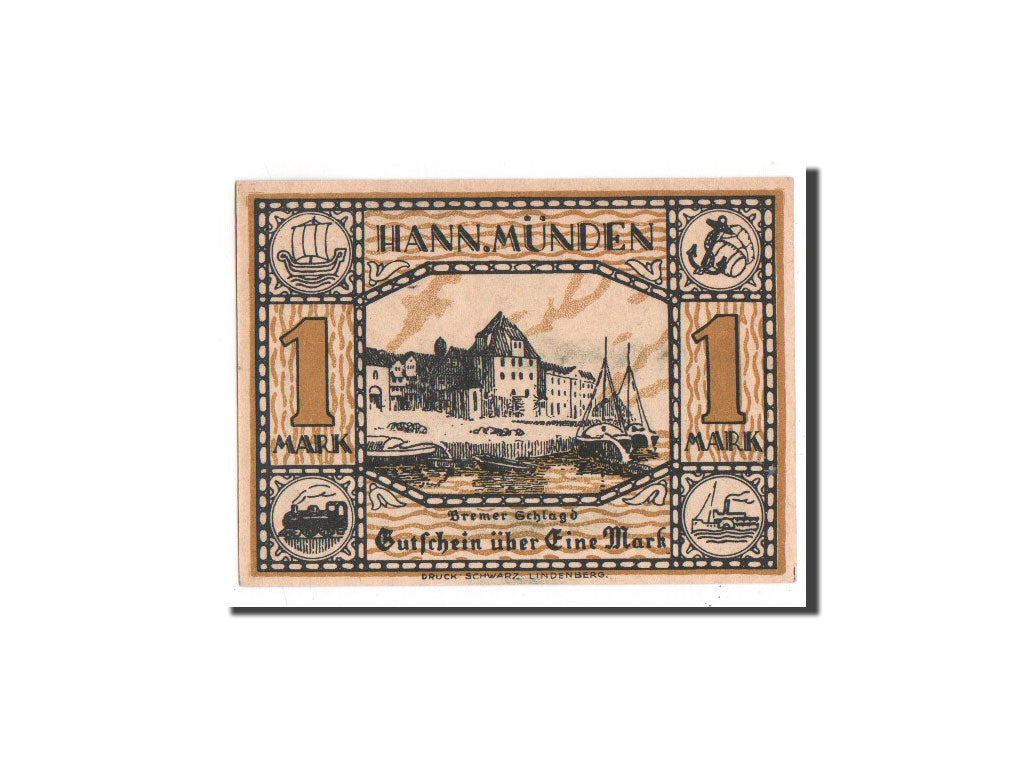 Banknote, Germany, Hann. Münden, 1 Mark, bateau, O.D, Undated, UNC(65-70)