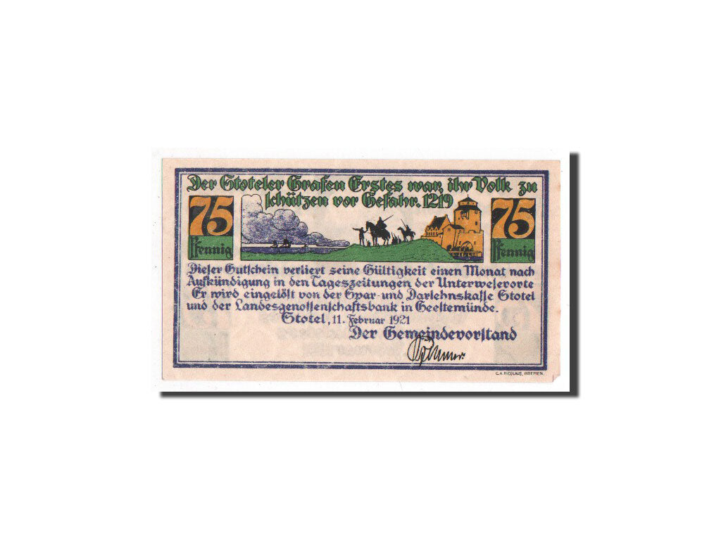 Banknote, Germany, Stotel, 75 Pfennig, personnage, 1921, 1921-02-11, UNC(65-70)