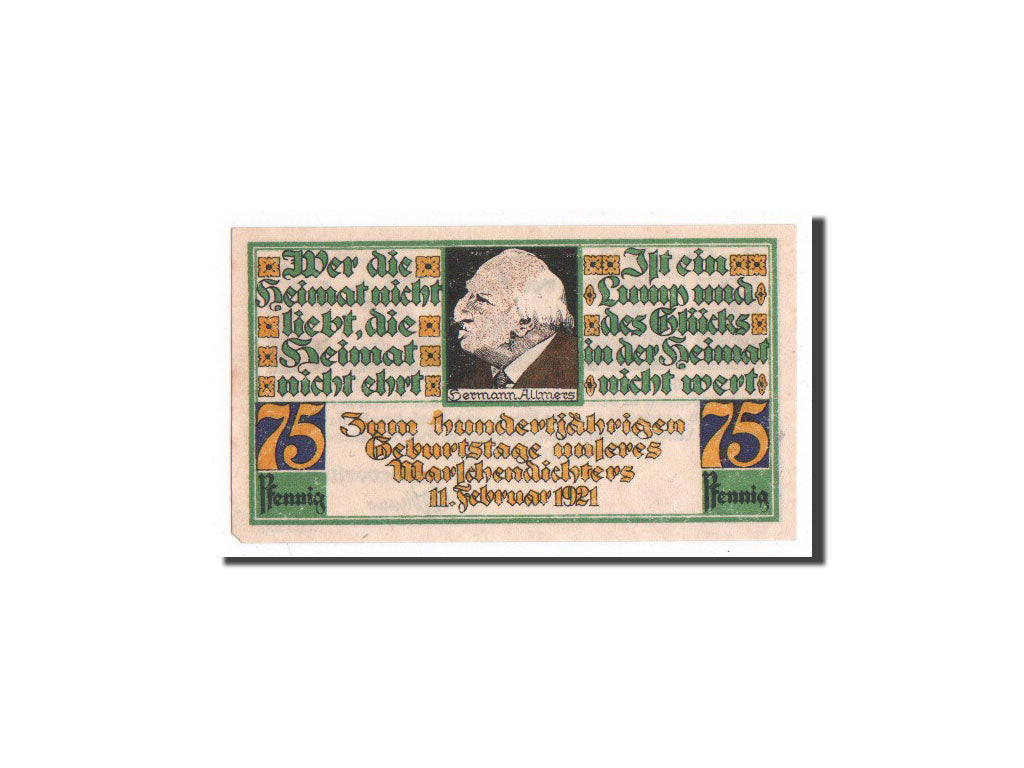 Banknote, Germany, Stotel, 75 Pfennig, personnage, 1921, 1921-02-11, UNC(65-70)