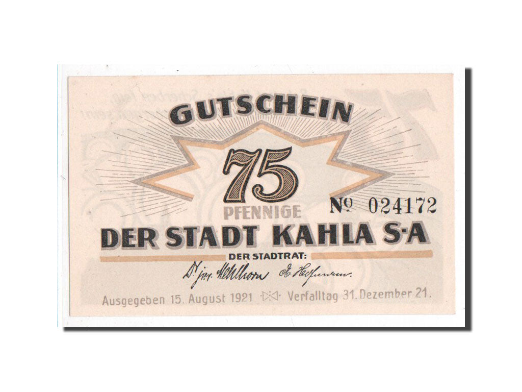Banknote, Germany, Kahla, 75 Pfennig, château, 1921, 1921-08-15, UNC(65-70)