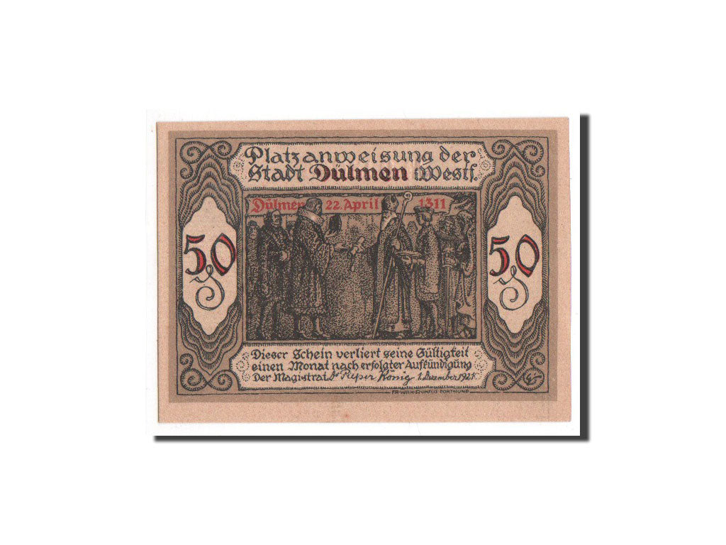 Banknote, Germany, Dulmen, 50 Pfennig, personnage, 1921, 1921-12-01, UNC(65-70)