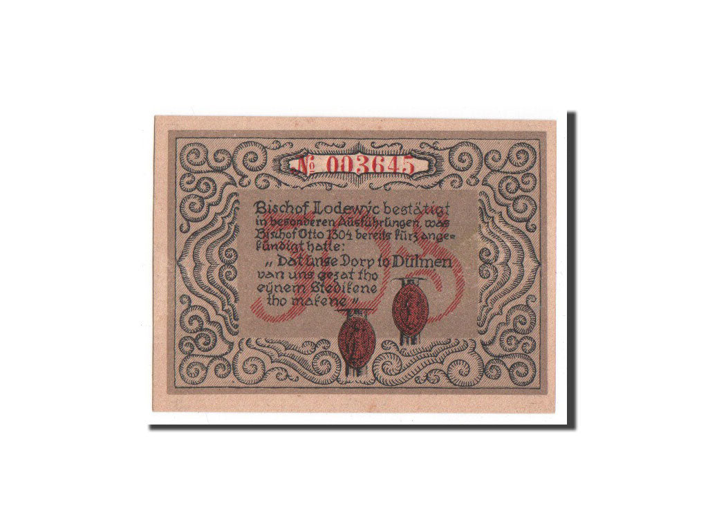 Banknote, Germany, Dulmen, 50 Pfennig, personnage, 1921, 1921-12-01, UNC(65-70)
