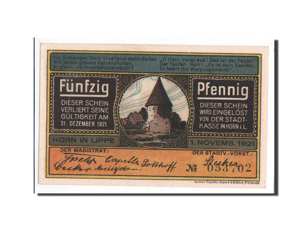 Banknote, Germany, Horn, 50 Pfennig, paysage, 1921, 1921-11-01, UNC(65-70)
