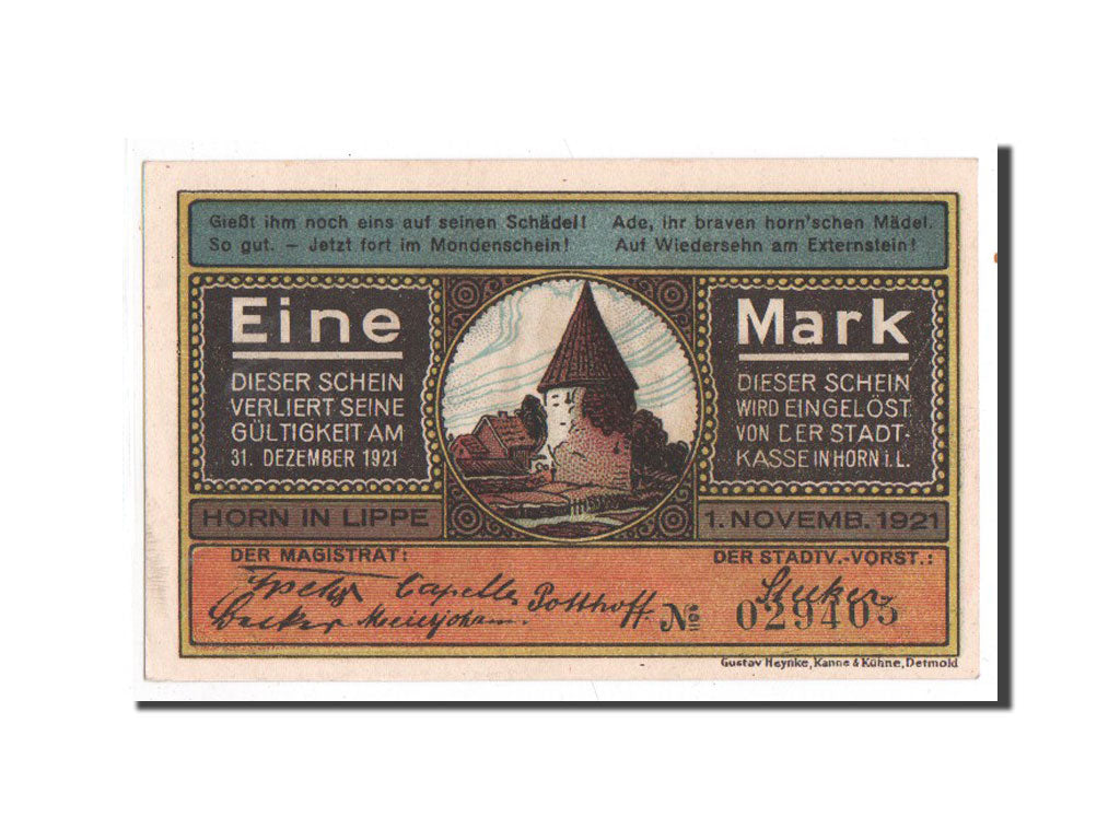Banknote, Germany, Horn, 1 Mark, personnage, 1921, 1921-11-01, UNC(65-70)