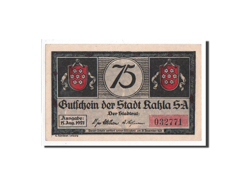 Banknote, Germany, Kahla, 75 Pfennig, personnage, 1921, 1921-08-15, UNC(65-70)