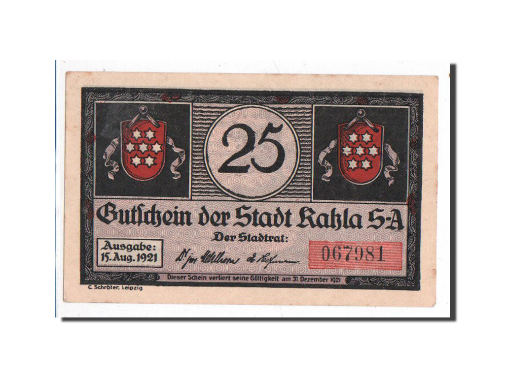 Billete, Alemania, Kahla, 25 Pfennig, personnage, 1921, 1921-08-15, UNC