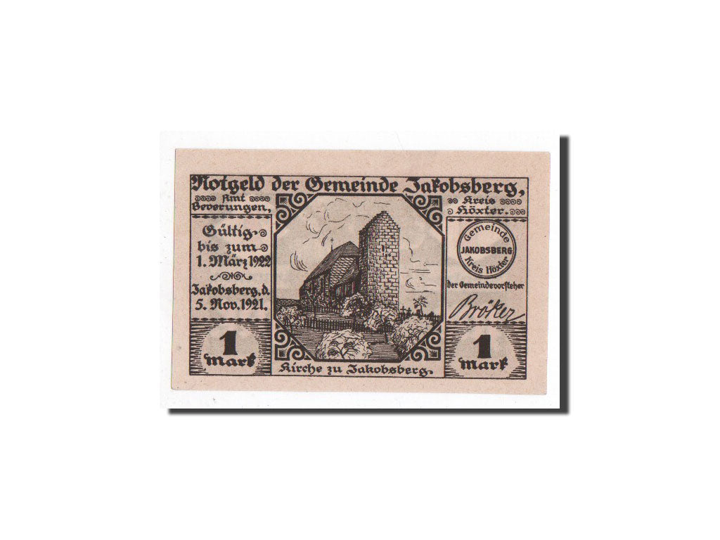 Banknote, Germany, Jakobsberg, 1 Mark, Monument, 1921, 1921-11-05, UNC(65-70)