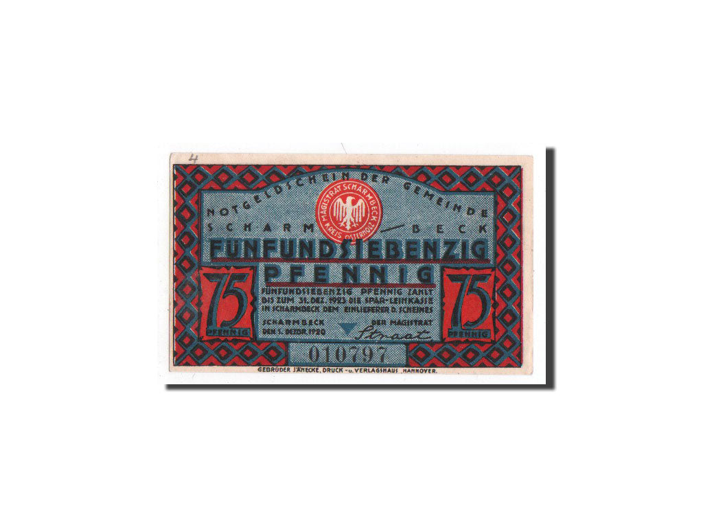 Banknote, Germany, Scharmbeck Stadt, 75 Pfennig, élevage, 1920, 1920-12-01