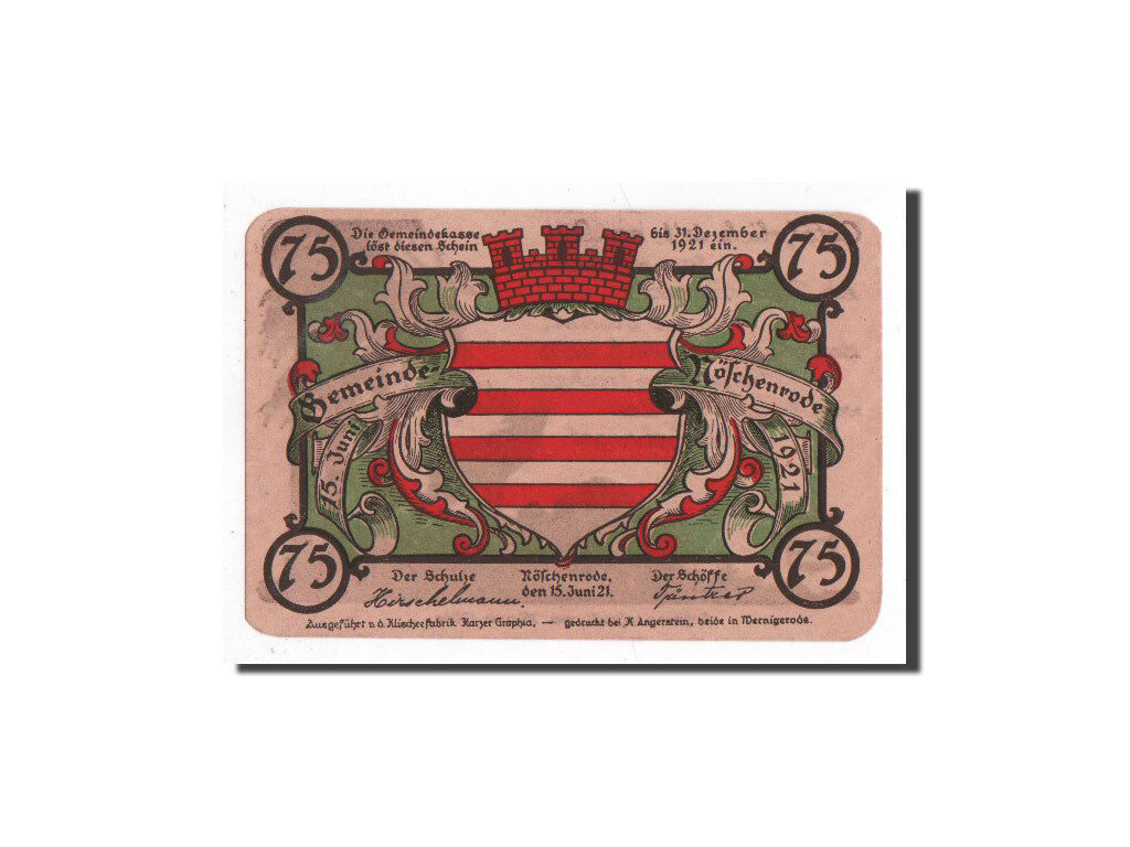 Banknote, Germany, Noschenrode Gemeinde, 75 Pfennig, cerf, 1921, 1921-06-15