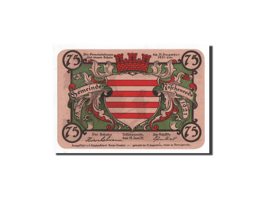 Billet, Allemagne, Noschenrode Gemeinde, 75 Pfennig, moisson, 1921, 1921-06-15