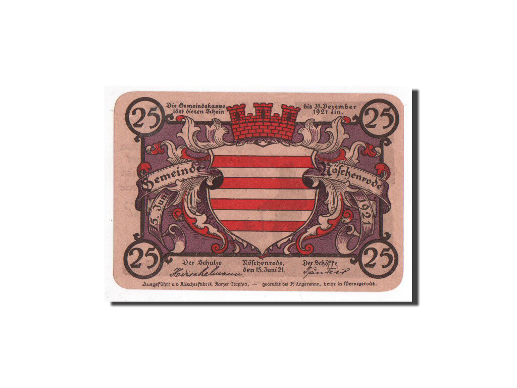 Banknote, Germany, Noschenrode Gemeinde, 25 Pfennig, chasseur, 1921, 1921-06-15