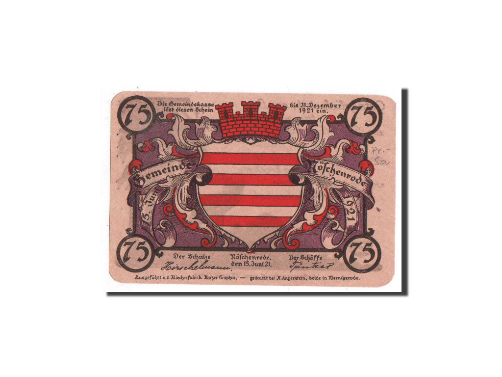 Banknote, Germany, Noschenrode Gemeinde, 75 Pfennig, cerf, 1921, 1921-06-15