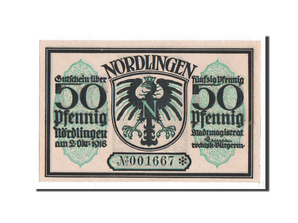 Banknote, Germany, Nordlingen, 50 Pfennig, Maison, 1918, 1918-10-02, UNC(65-70)