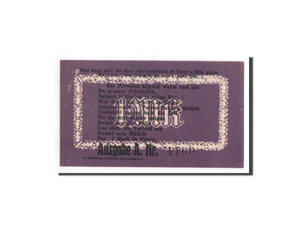 Banknote, Germany, Parey a.d Elbe, 1 Mark, personnage, 1921, Undated