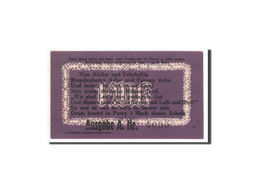 Banknote, Germany, Parey a.d Elbe, 1 Mark, personnage 1, 1921, Undated