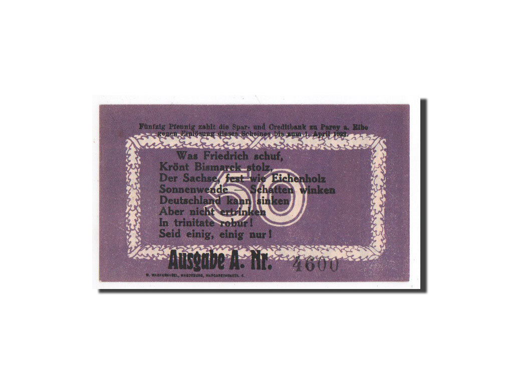 Banknote, Germany, Parey a.d Elbe, 50 Pfennig, personnage, 1921, Undated