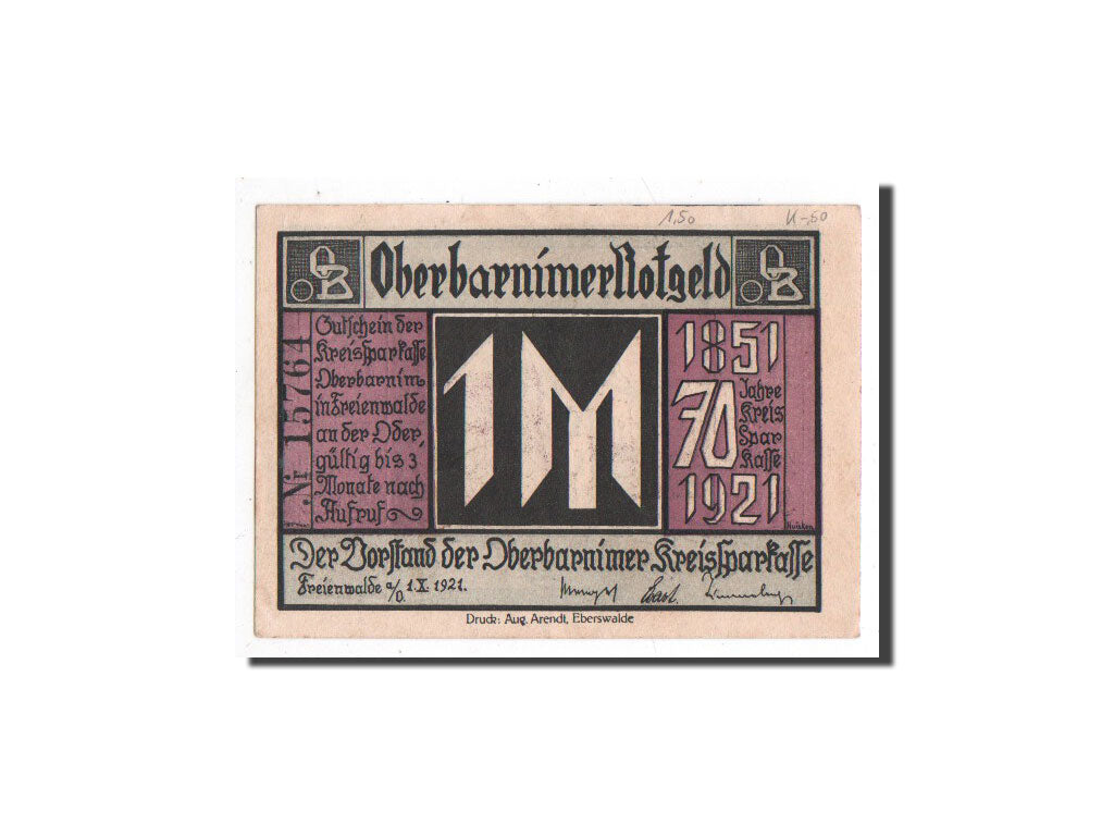 Banknote, Germany, Oberbarnim, 1 Mark, paysage, 1921, 1921-10-01, UNC(65-70)