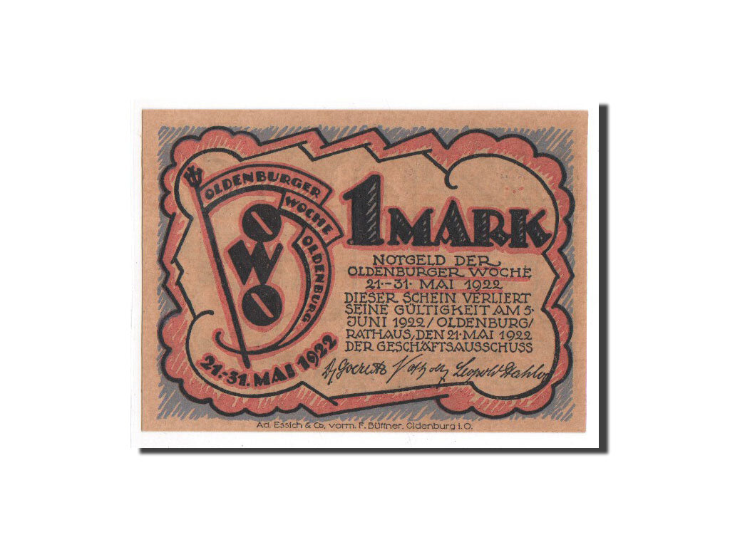 Banknote, Germany, Oldenburg, 1 Mark, paysage, 1922, 1922-05-21, UNC(65-70)
