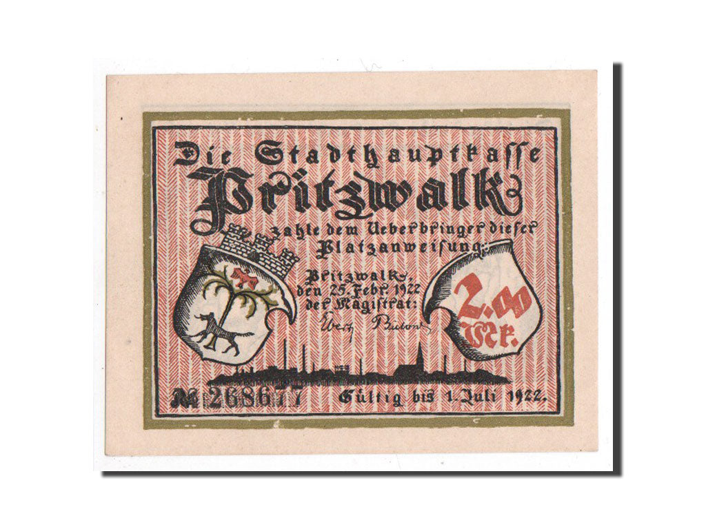Billete, Alemania, Pritzwalk, 2 Mark, personnage, 1922, 1922-02-25, UNC