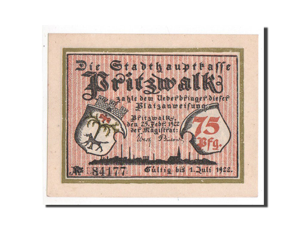 Biljet, Duitsland, Pritzwalk, 75 Pfennig, personnage, 1922, 1922-02-25, NIEUW