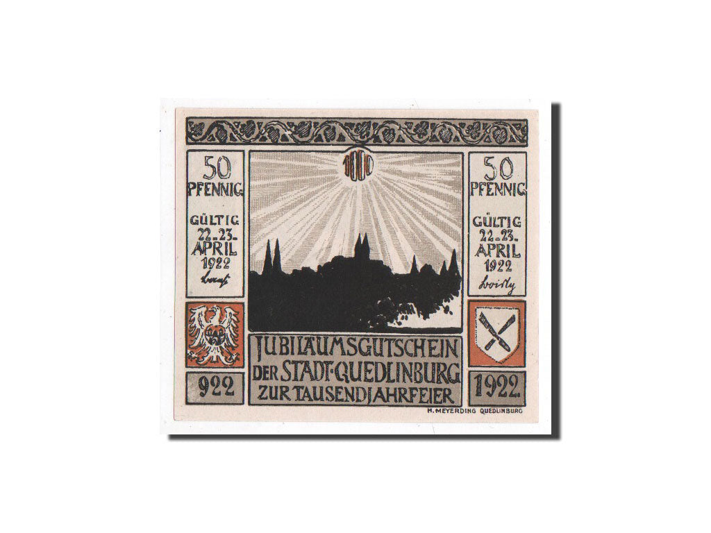 Banknote, Germany, Quedlinburg Stadt, 50 Pfennig, chevalier, 1922, 1922-04-22