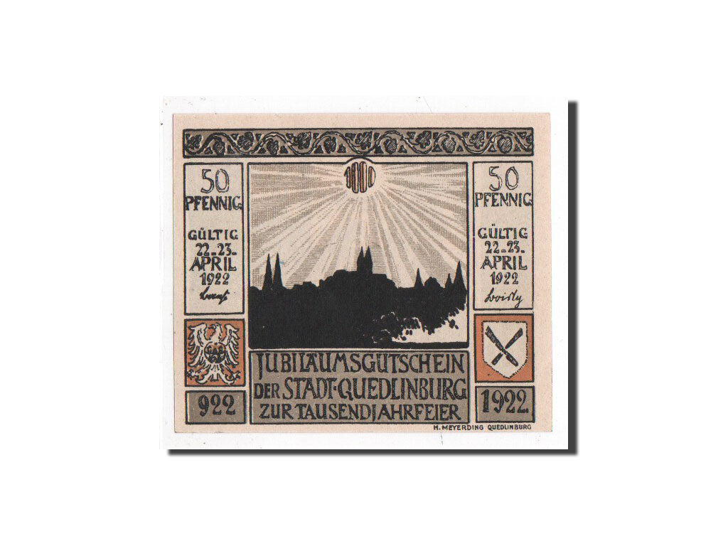 Billet, Allemagne, Quedlinburg Stadt, 50 Pfennig, couronnement, 1922