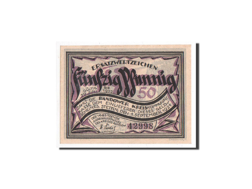 Billet, Allemagne, Randow, 50 Pfennig, cathédrale, 1921, 1921-09-01, NEUF
