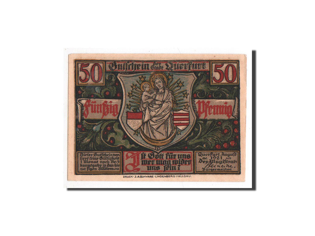 Billet, Allemagne, Querfurt, 50 Pfennig, statue, 1921, 1921-08-24, NEUF