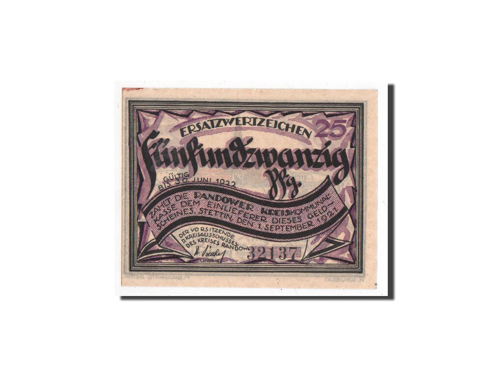 Billet, Allemagne, Randow, 25 Pfennig, Eglise 1, 1921, 1921-09-01, NEUF
