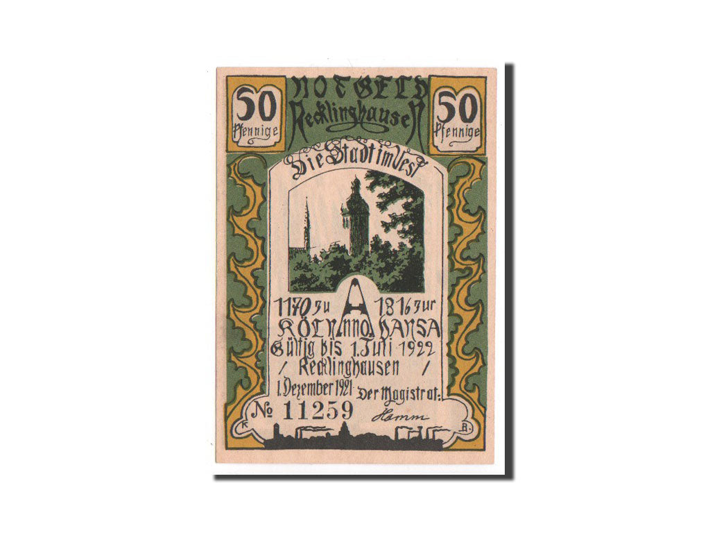 Billet, Allemagne, Recklinghausen, 50 Pfennig, prière 1, 1921, 1921-12-01