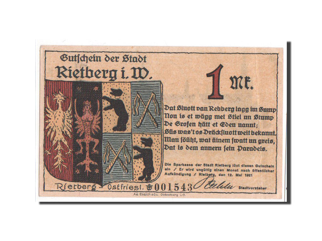 Billet, Allemagne, Rietberg, 1 Mark, paysage, 1921, 1921-05-12, NEUF