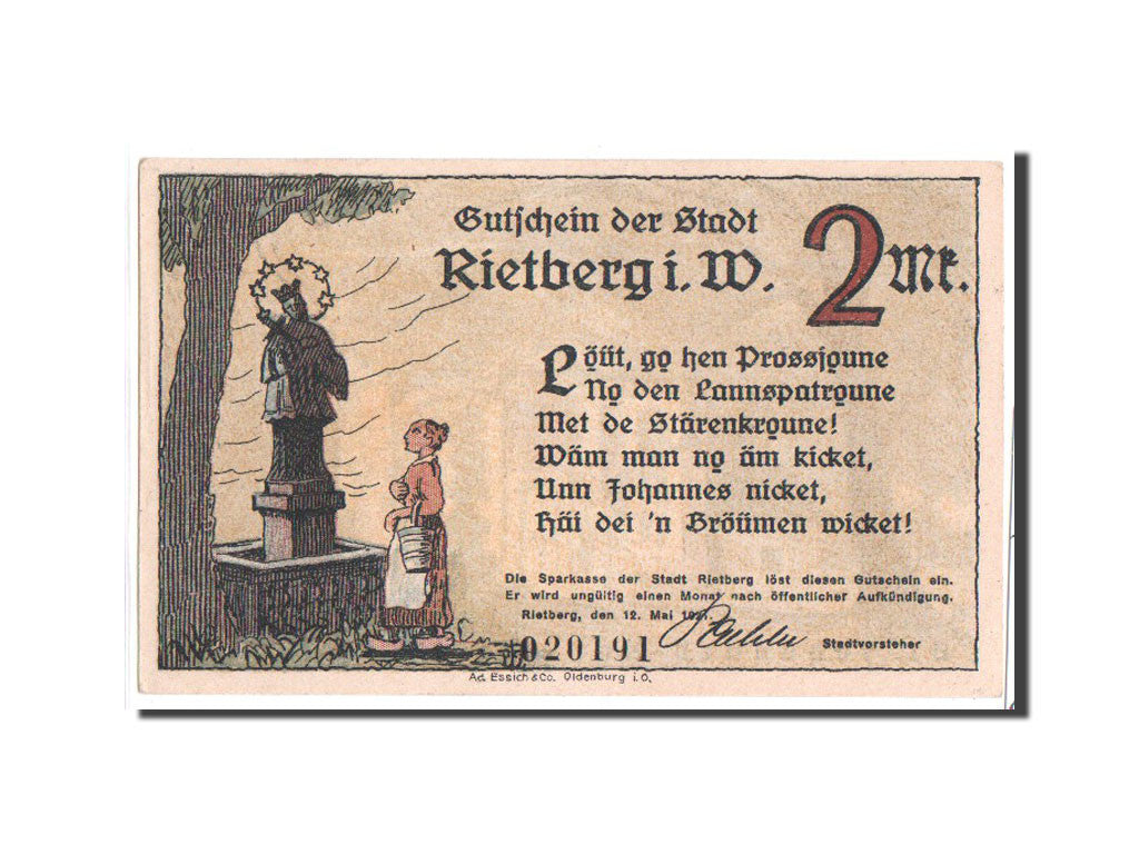 Biljet, Duitsland, Rietberg, 2 Mark, paysage, 1921, 1921-05-12, NIEUW
