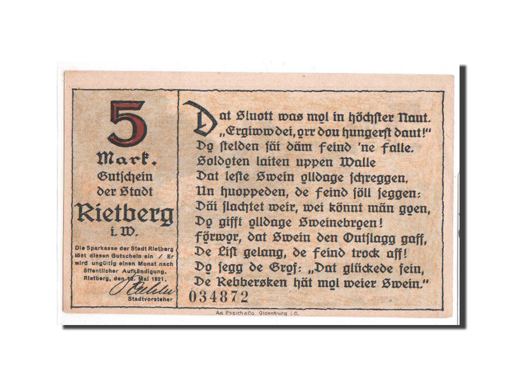 Billet, Allemagne, Rietberg, 5 Mark, personnage, 1921, 1921-05-12, NEUF