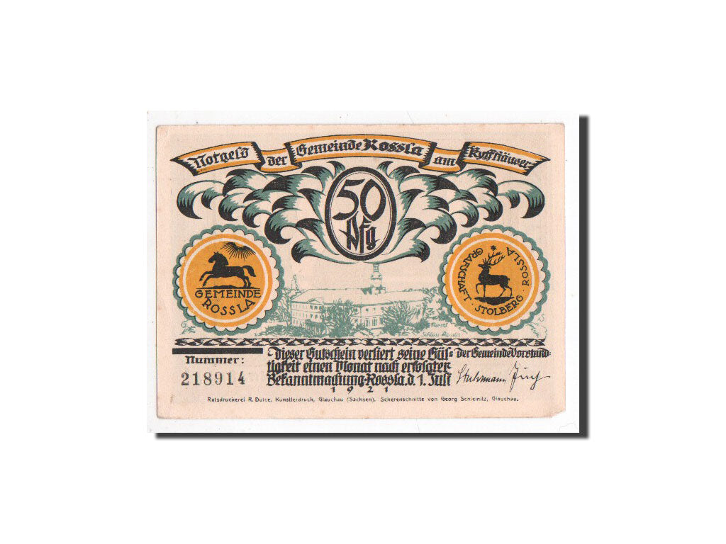 Billet, Allemagne, Rossla am Kyffhaüser, 50 Pfennig, personnage, 1921