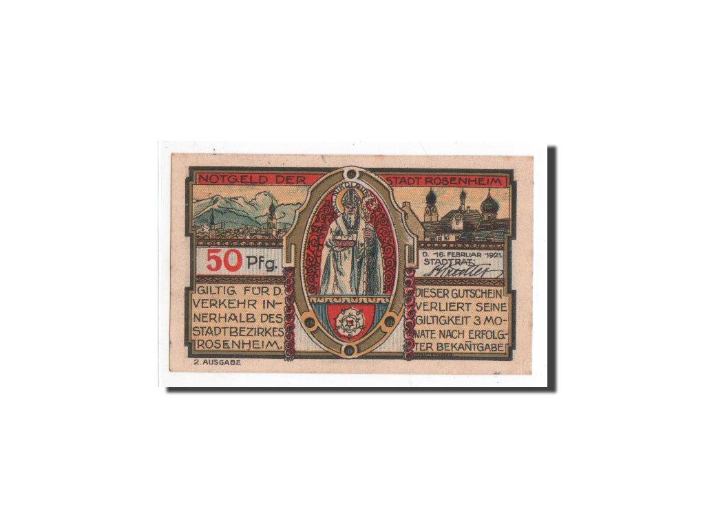 Banknote, Germany, Rosenheim, 50 Pfennig, monument 1, 1921, 1921-02-16