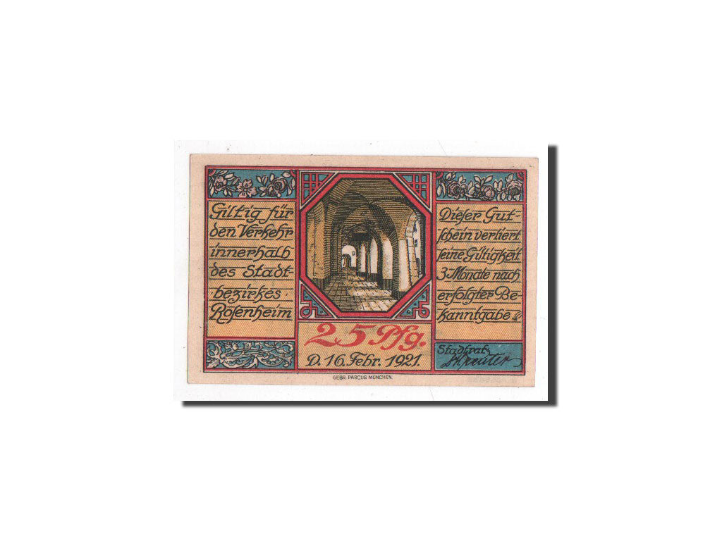 Banknote, Germany, Rosenheim, 25 Pfennig, monument 1, 1921, 1921-02-16