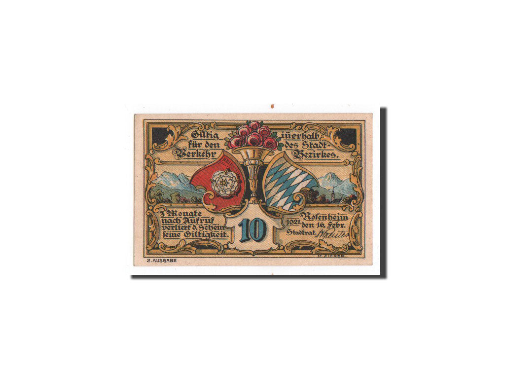 Biljet, Duitsland, Rosenheim, 10 Pfennig, Monument, 1921, 1921-02-16, NIEUW