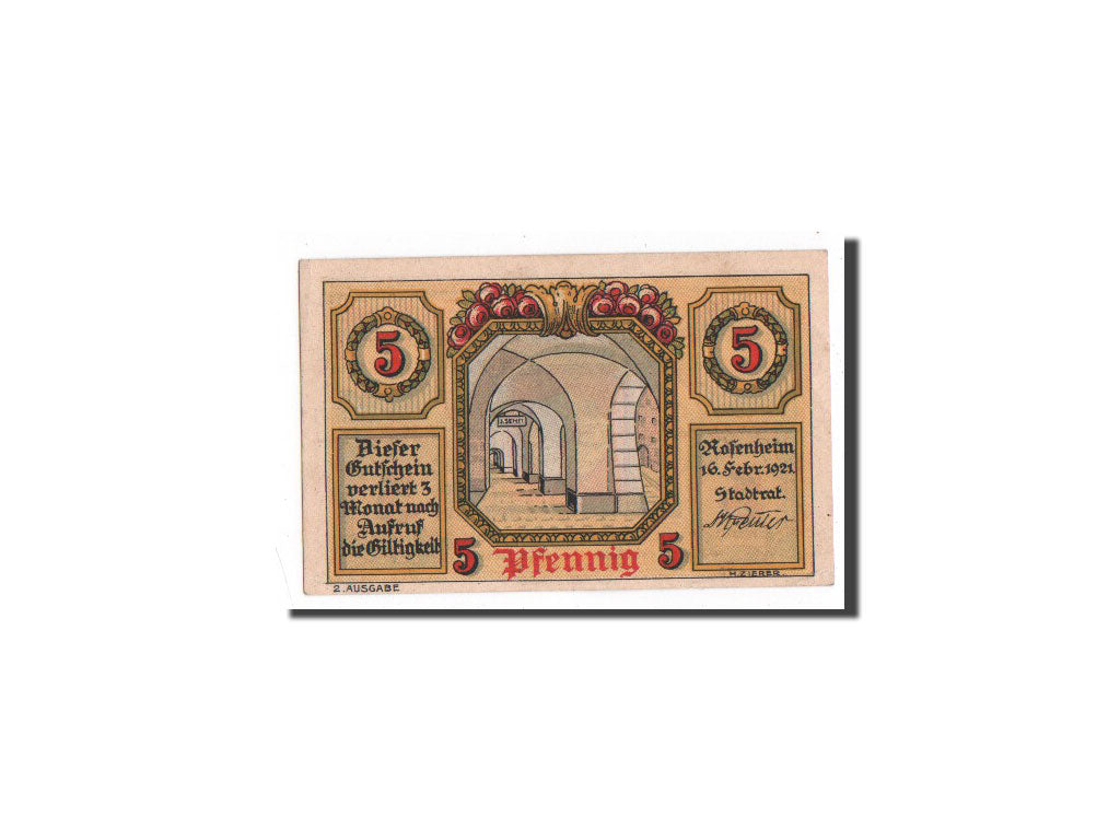 Billet, Allemagne, Rosenheim, 5 Pfennig, Monument, 1921, 1921-02-16, NEUF