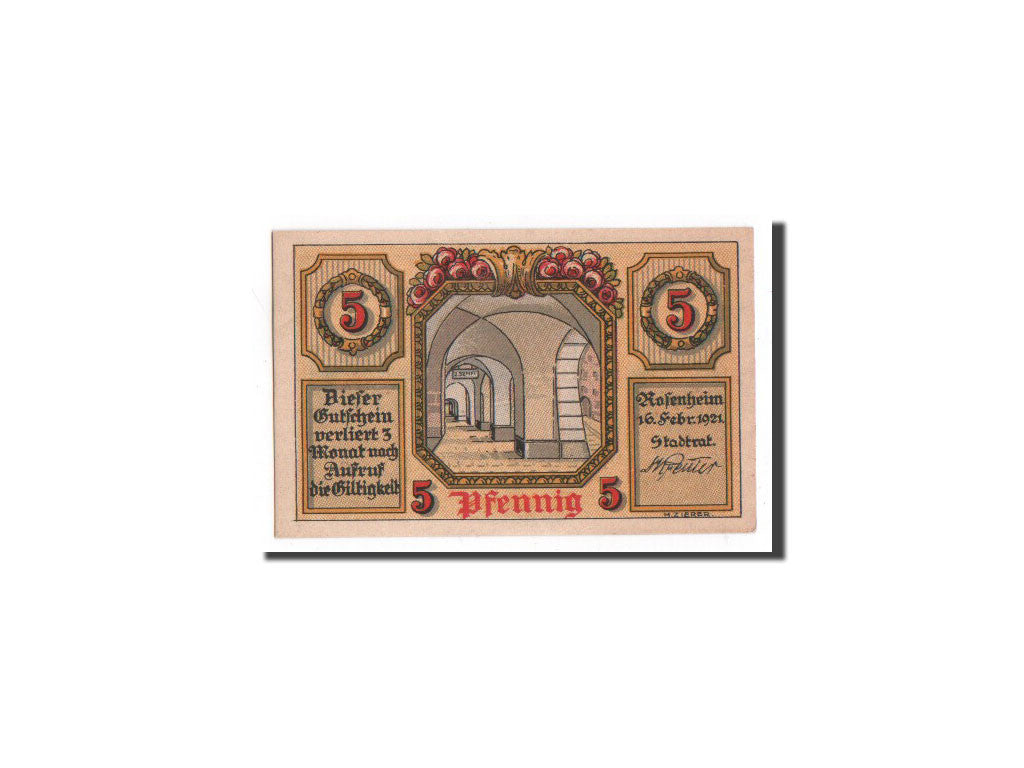 Billet, Allemagne, Rosenheim, 5 Pfennig, Monument, 1921, 1921-02-16, NEUF