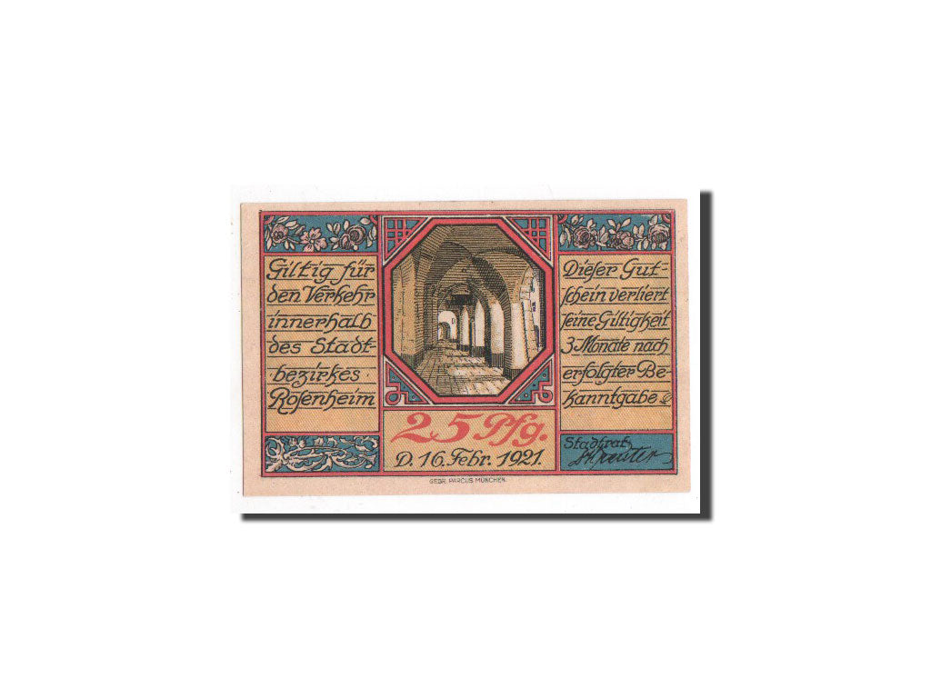 Banknote, Germany, Rosenheim, 25 Pfennig, monument 1, 1921, 1921-02-16