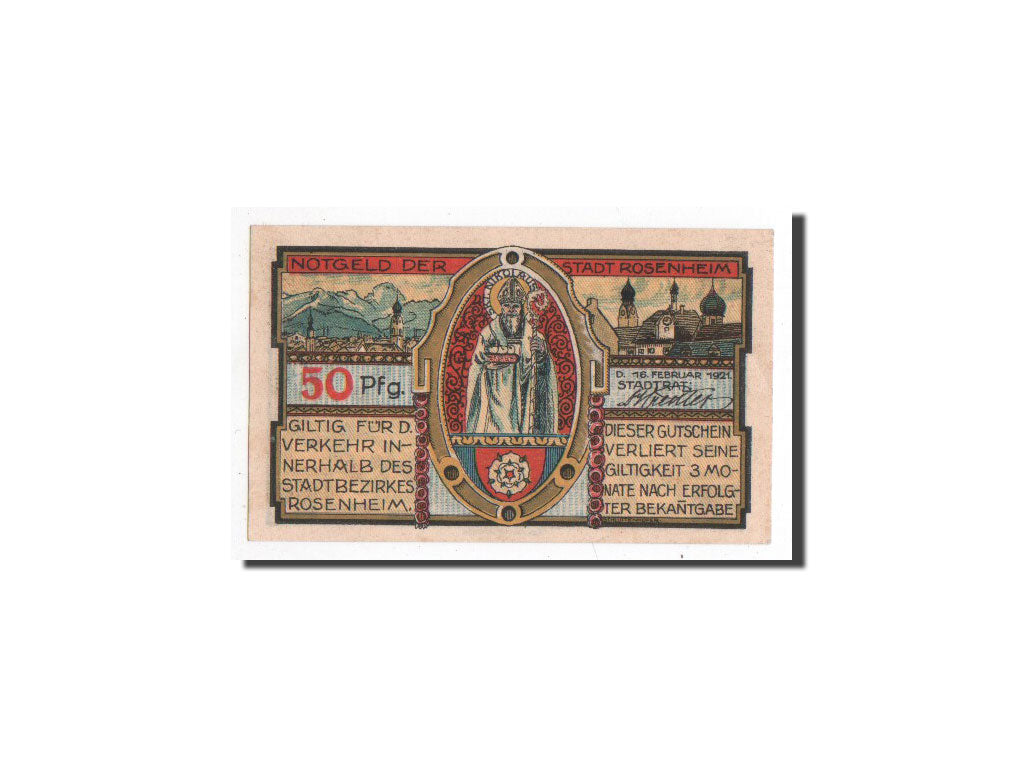 Banknote, Germany, Rosenheim, 50 Pfennig, monument 1, 1921, 1921-02-16